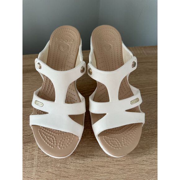 Crocs Cyprus V White Tan Heels Open Toe Sandals Women's Size 8 - Picture 4 of 10
